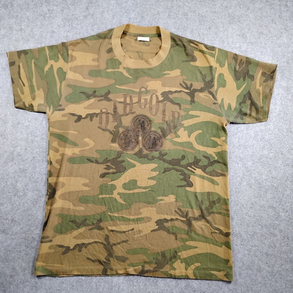 Vintage Ebert Sportswear Old Gold Tobacco Camo T-Shirt XL Mens USA Made Graphic